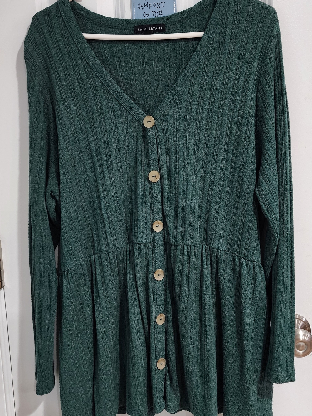 Lane Bryant Dark Green Button-Front Ribbed Peplum Shirt